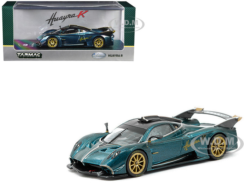 Pagani Huayra R Turquoise Carbon Fiber with Gold Wheels Global64 Series 1/64 Diecast Model Car Tarmac Works T64G-TL035-TCF