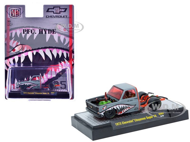 1973 Chevrolet Cheyenne Super 10 Bedless Truck PFC Hyde Gray with Shark Mouth Graphics Lowriders Limited Edition to 12364 pieces Worldwide 1/64 Diecast Model Car M2 Machines 31500-HS62