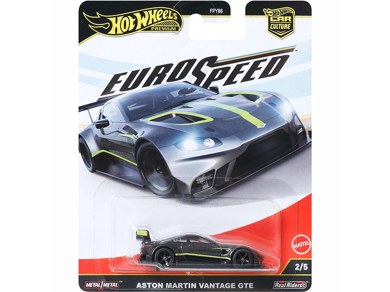 Aston Martin Vantage GTE Dark Gray Metallic with Lime Green Stripes Euro Speed Series Diecast Model Car Hot Wheels JBK76