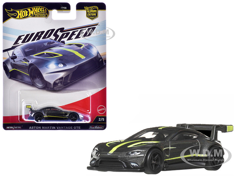 Aston Martin Vantage GTE Dark Gray Metallic with Lime Green Stripes Euro Speed Series Diecast Model Car Hot Wheels JBK76