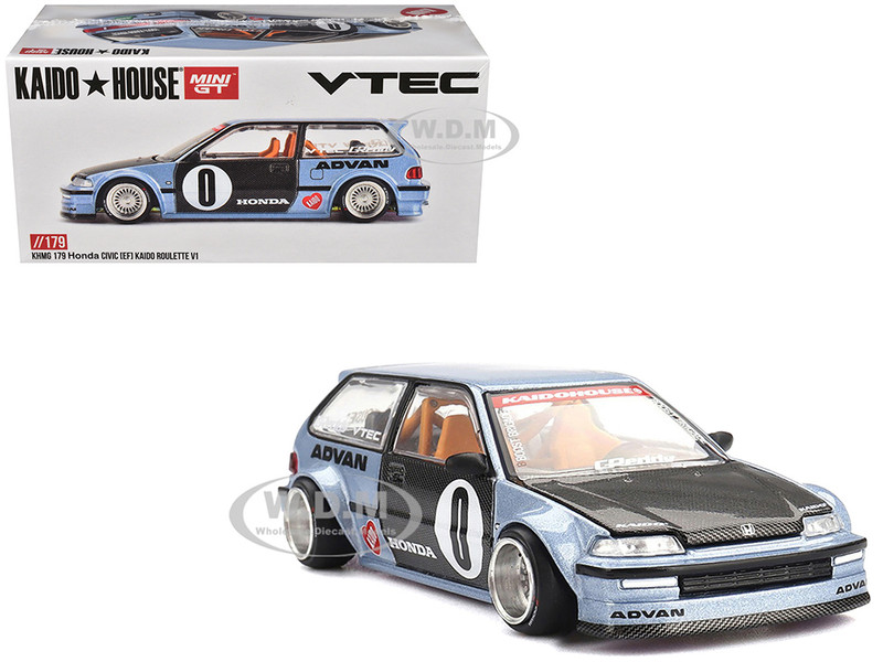Honda Civic EF Kaido Roulette V1 Blue Metallic with Carbon Hood and Doors Designed by Jun Imai Kaido House Special 1/64 Diecast Model Car Mini GT KHMG179