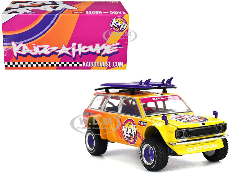 Datsun Kaido 510 Wagon 4x4 RHD Right Hand Drive Kaido Islands V1 Yellow to Red Gradient with Surfboards Designed by Jun Imai Kaido House Special 1/64 Diecast Model Car Mini GT KHMG210