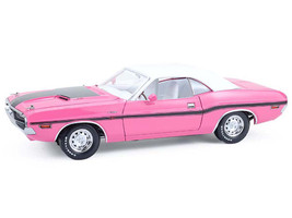 1970 Dodge Challenger R T 440 Six Pack Panther Pink with Black Stripes White Top and White Interior 1/18 Diecast Model Car Greenlight 13699