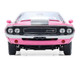 1970 Dodge Challenger R T 440 Six Pack Panther Pink with Black Stripes White Top and White Interior 1/18 Diecast Model Car Greenlight 13699