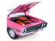 1970 Dodge Challenger R T 440 Six Pack Panther Pink with Black Stripes White Top and White Interior 1/18 Diecast Model Car Greenlight 13699