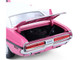 1970 Dodge Challenger R T 440 Six Pack Panther Pink with Black Stripes White Top and White Interior 1/18 Diecast Model Car Greenlight 13699
