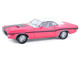 1970 Dodge Challenger R T 440 Six Pack Panther Pink with Black Stripes White Top and White Interior 1/18 Diecast Model Car Greenlight 13699