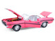 1970 Dodge Challenger R T 440 Six Pack Panther Pink with Black Stripes White Top and White Interior 1/18 Diecast Model Car Greenlight 13699
