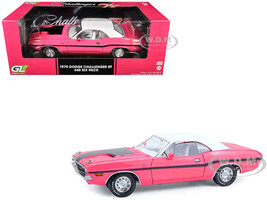 1970 Dodge Challenger R T 440 Six Pack Panther Pink with Black Stripes White Top and White Interior 1/18 Diecast Model Car Greenlight 13699