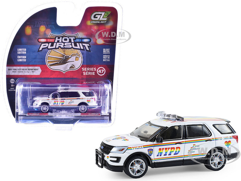 2016 Ford Police Interceptor Utility New York Police Department NYPD Pride Livery White with Rainbow Stripes Hot Pursuit Series 47 1/64 Diecast Model Car Greenlight 43050C