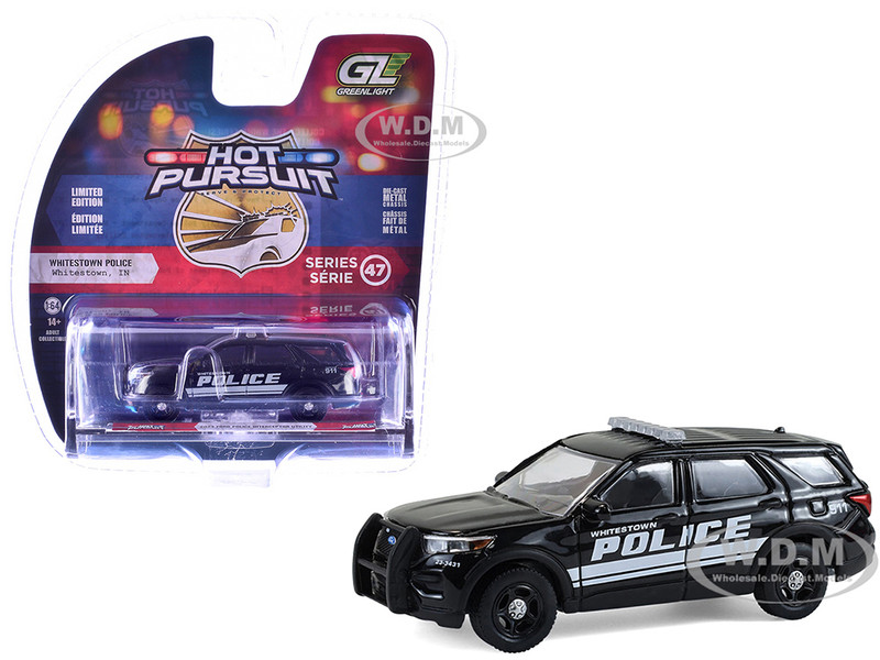 2023 Ford Police Interceptor Utility Whitestown Police Dept Whitestown IN Black Hot Pursuit Series 47 1/64 Diecast Model Car Greenlight 43050D