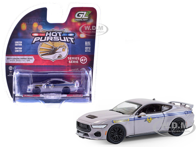 2023 Ford Mustang GT South Carolina Highway Patrol Gray with Blue Stripes Hot Pursuit Series 47 1/64 Diecast Model Car Greenlight 43050F