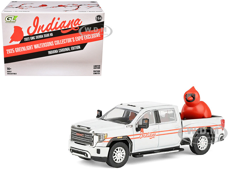 2022 GMC Sierra 3500 HD Pickup Truck Indiana Cardinals Silver Metallic with Red Stripes and Cardinal Figure 2025 Greenlight Waltersons Collector s Expo Exclusive 1/64 Diecast Model Car Greenlight 51684A
