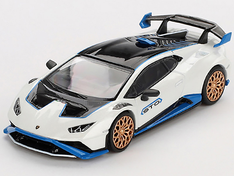 Lamborghini Huracan STO Bianco Asopo White with Black Top and Blue Accents Limited Edition 1/64 Diecast Model Car Mini GT MGT00788