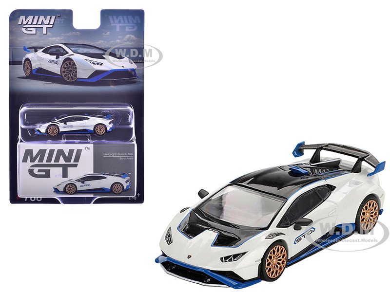 Lamborghini Huracan STO Bianco Asopo White with Black Top and Blue Accents Limited Edition 1/64 Diecast Model Car Mini GT MGT00788