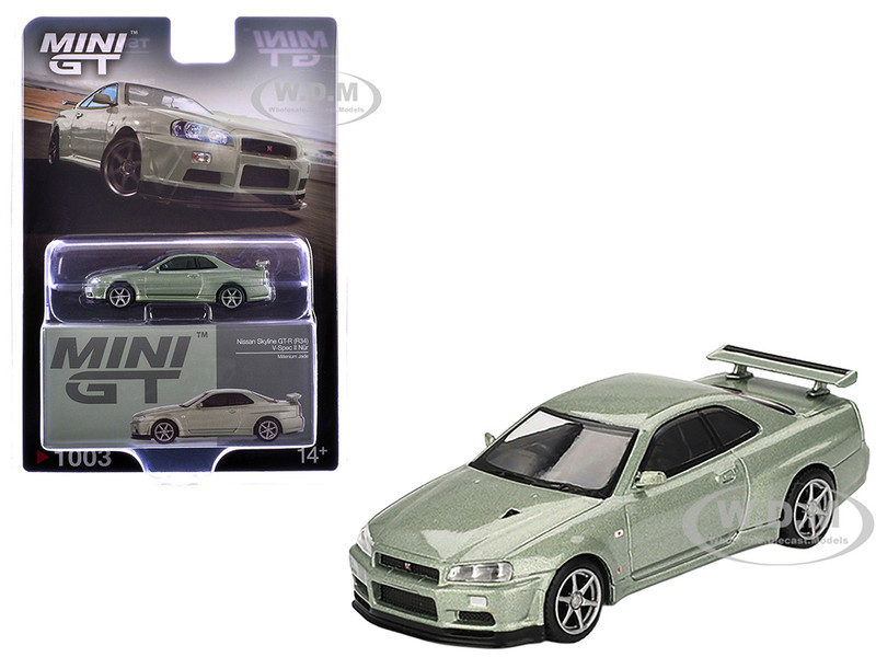 Nissan Skyline GT R R34 V Spec II Nur RHD Right Hand Drive Millenium Jade Metallic Limited Edition 1/64 Diecast Model Car Mini GT MGT01003