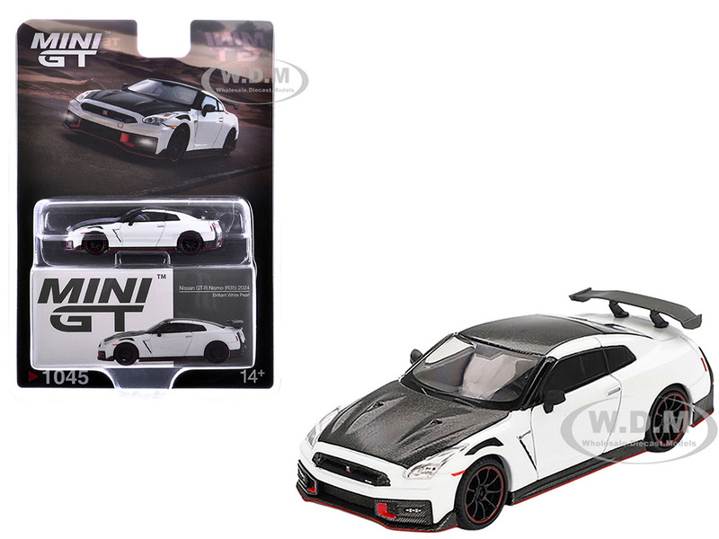 2024 Nissan GT R Nismo R35 Brilliant White Pearl with Carbon Hood and Top Limited Edition 1/64 Diecast Model Car Mini GT MGT01045