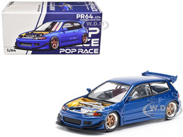 Pandem Civic EG6 VTEC RHD Right Hand Drive Blue Metallic with No Hood 1/64 Diecast Model Car Pop Race PR640174