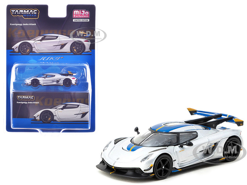 Koenigsegg Jesko Attack Silver Metallic with Blue Stripes Global64 Series 1/64 Diecast Model Tarmac Works T64G-TL052-SL