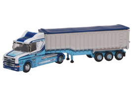 Scania T Cab Truck RHD Right Hand Drive with Covered Dump Trailer Tinnelly White with Blue Graphics 1/148 (N) Scale Diecast Model Car Oxford Diecast NTCAB005