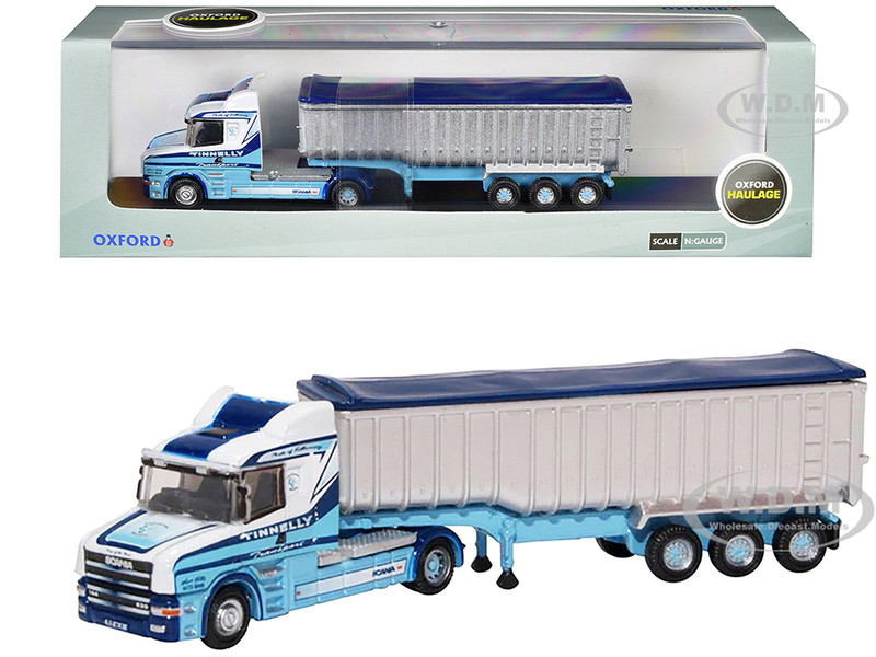 Scania T Cab Truck RHD Right Hand Drive with Covered Dump Trailer Tinnelly White with Blue Graphics 1/148 (N) Scale Diecast Model Car Oxford Diecast NTCAB005