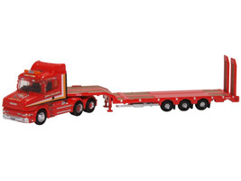 Scania T Cab Truck RHD Right Hand Drive with Lowboy Trailer Sandy Kydd Red with Stripes 1/148 (N) Scale Diecast Model Car Oxford Diecast NTCAB006