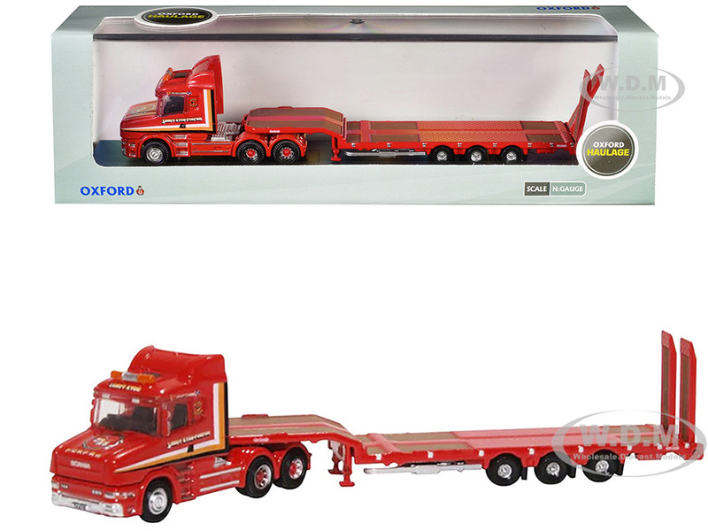 Scania T Cab Truck RHD Right Hand Drive with Lowboy Trailer Sandy Kydd Red with Stripes 1/148 (N) Scale Diecast Model Car Oxford Diecast NTCAB006