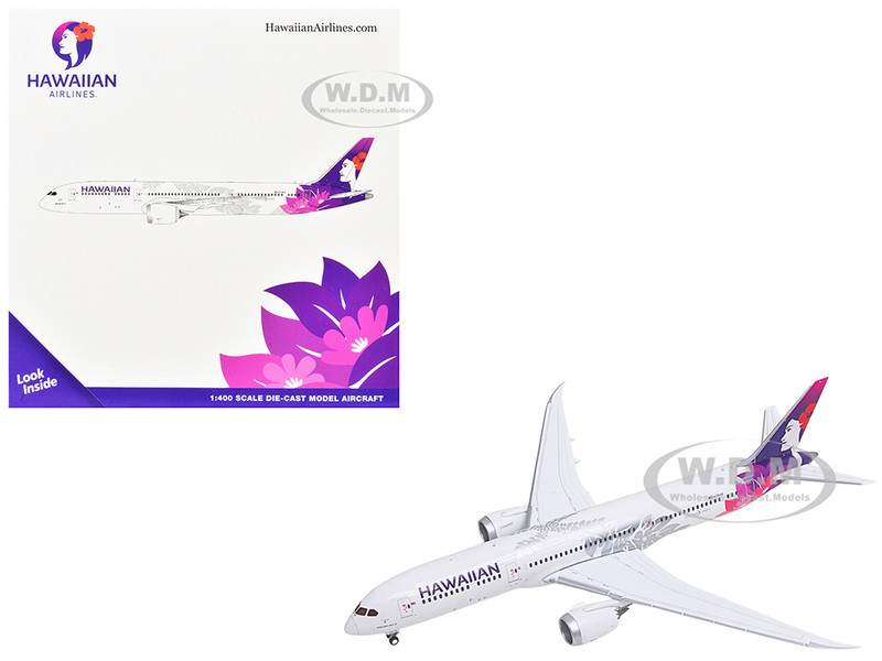 Boeing 787 9 Commercial Aircraft Hawaiian Airlines N781HA White with Purple Tail Graphics 1/400 Diecast Model Airplane GeminiJets GJ2339