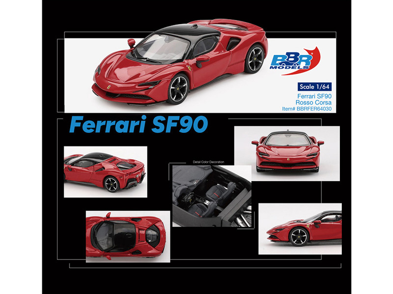Ferrari SF90 Rosso Corsa Red with Black Top 1/64 Diecast Model Car BBR BBRFER64030