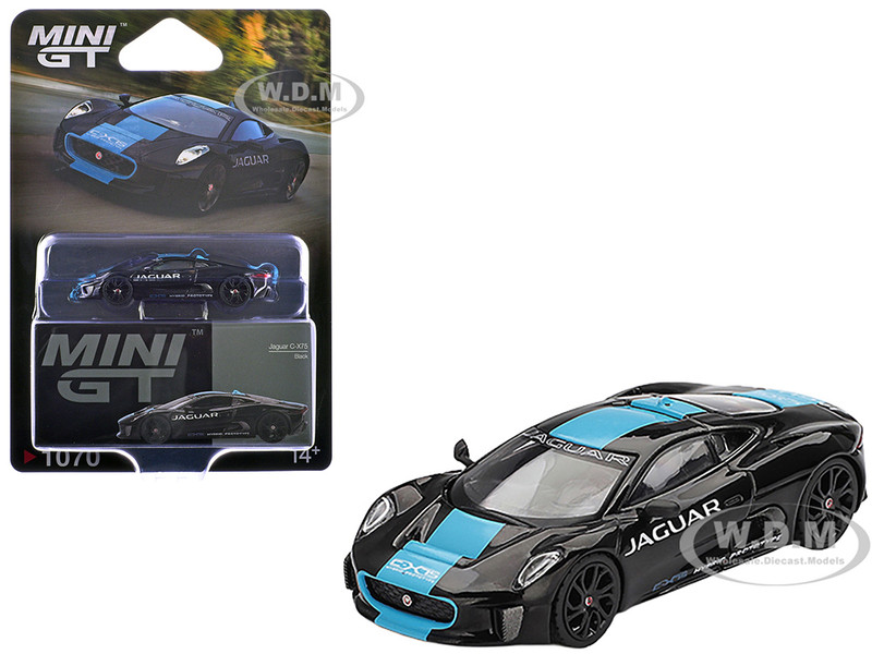 Jaguar C X75 Black with Light Blue Stripe Limited Edition 1/64 Diecast Model Car Mini GT MGT01070