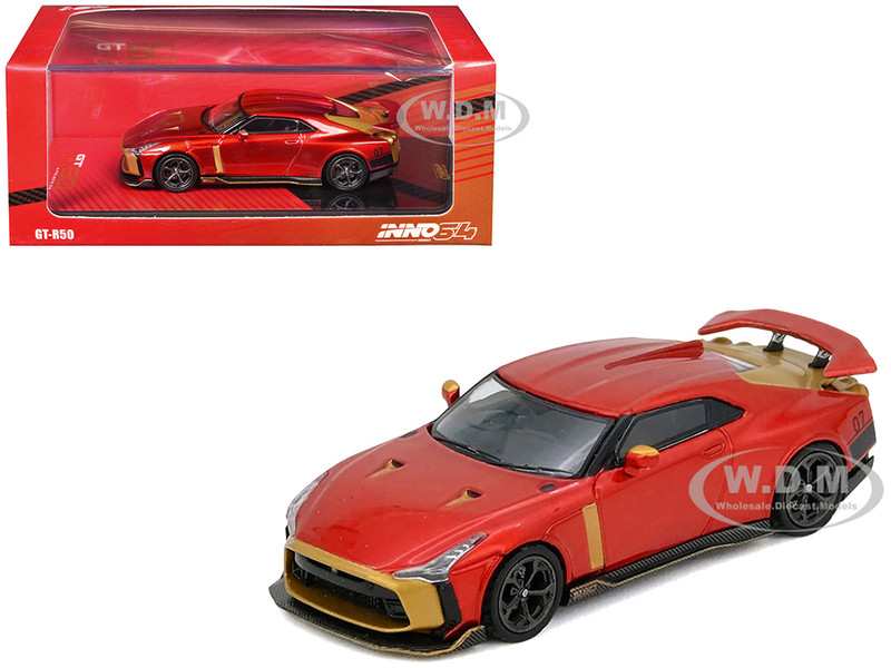 Nissan GT R50 By ItalDesign Red Metallic with Gold Accents 1/64 Diecast Model Car Inno Models IN64-R50-RED