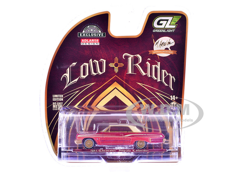 1963 Chevrolet Impala Lowrider Michael Heralda Special Edition Red Metallic with Cream Top and Interior with Gold Graphics Hobby Exclusive Series 1/64 Diecast Model Car Greenlight GL-2020001