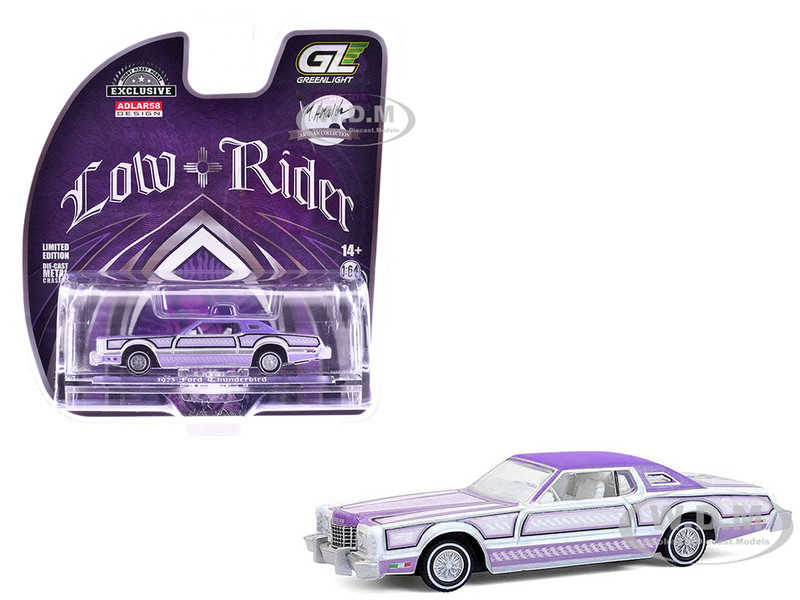 1973 Ford Thunderbird Lowrider Michael Heralda Special Edition Purple Metallic with Graphics and White Interior Hobby Exclusive Series 1/64 Diecast Model Car Greenlight GL-2020003