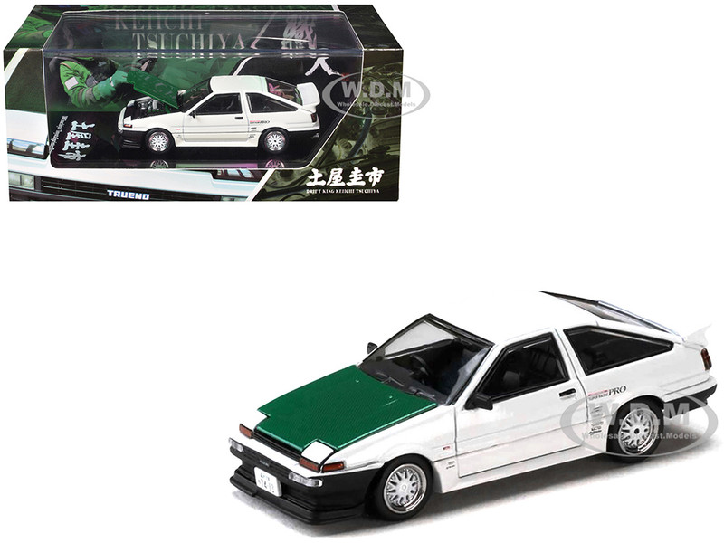 Toyota Sprinter Trueno AE86 RHD Right Hand Drive Keiichi Tsuchiya Dori Dori Mesh Wheels White with Green Carbon Hood 1/64 Diecast Model Car Hobby Japan HJ646052BDK