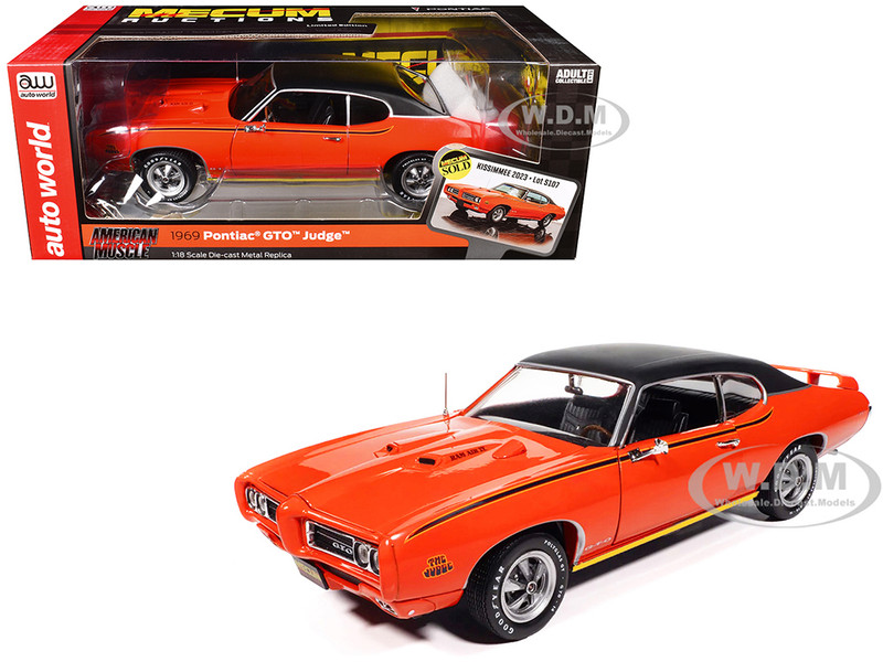 1969 Pontiac GTO Judge Carousel Red with Black Stripes and Black Vinyl Top Mecum Auctions American Muscle Series 1/18 Diecast Model Car Auto World AMM1351