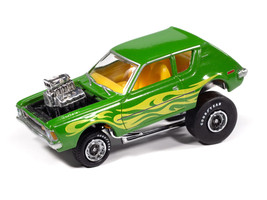 1971 AMC Gremlin Lime Green Metallic with Yellow Flames and Interior Zingers Series 1/64 Diecast Model Car Johnny Lightning JLSF027-JLSP402A