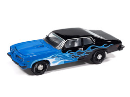 1974 Pontiac GTO Black and Blue with Blue Flame Graphics with White Interior Black with Flames Series 1/64 Diecast Model Car Johnny Lightning JLSF027-JLSP405B