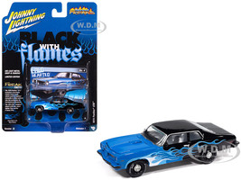 1974 Pontiac GTO Black and Blue with Blue Flame Graphics with White Interior Black with Flames Series 1/64 Diecast Model Car Johnny Lightning JLSF027-JLSP405B