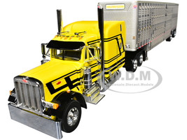 Peterbilt 379 with 63 Mid-Roof Sleeper and Wilson Silverstar Livestock Trailer Harrison Trucking Yellow with Black Stripes 1/64 Diecast Model DCP/First Gear 60-2104