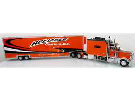 Peterbilt 379 Tractor with Enclosed Car Carrier Trailer Reliable Carriers Orange and Black Heavy Haul Truck Collection 1/43 Diecast Model Iconic Replicas 43-0632