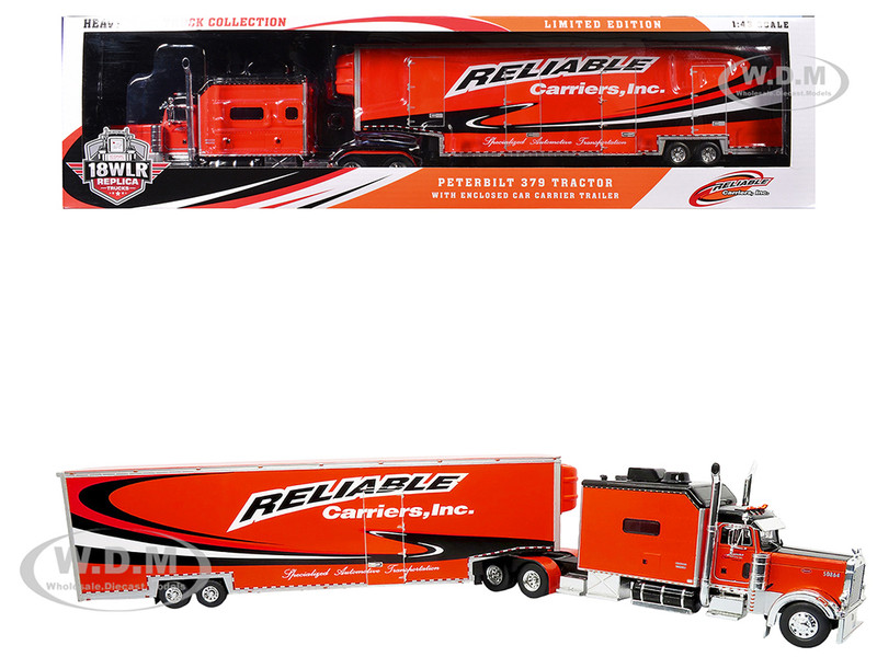 Peterbilt 379 Tractor with Enclosed Car Carrier Trailer Reliable Carriers Orange and Black Heavy Haul Truck Collection 1/43 Diecast Model Iconic Replicas 43-0632