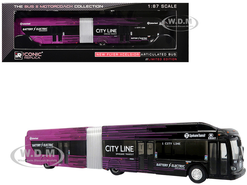 New Flyer Xcelsior XE60 Articulated Transit Bus Spokane Transit City Line Black and Purple The Bus & Motorcoach Collection Limited Edition 1/87 (HO) Diecast Model Iconic Replicas 87-0607