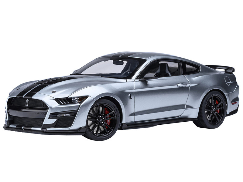 Ford Mustang Shelby GT500 Iconic Silver Metallic with Black Stripes 1/18 Model Car Autoart 73096