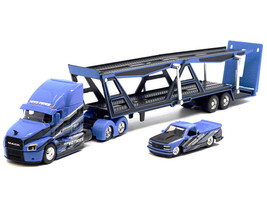 Mack Anthem Open Car Hauler Blue with Graphics and 1993 Chevrolet 454 SS Pickup Truck Blue with Graphics Toyo Tires Transporters Series 1/64 Diecast Models Maisto 11454-MJS03