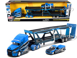 Mack Anthem Open Car Hauler Blue with Graphics and 1993 Chevrolet 454 SS Pickup Truck Blue with Graphics Toyo Tires Transporters Series 1/64 Diecast Models Maisto 11454-MJS03