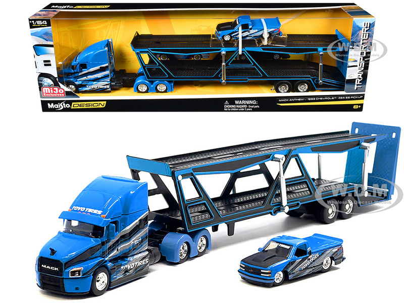 Mack Anthem Open Car Hauler Blue with Graphics and 1993 Chevrolet 454 SS Pickup Truck Blue with Graphics Toyo Tires Transporters Series 1/64 Diecast Models Maisto 11454-MJS03