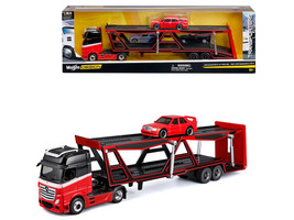 Mercedes Benz Actros Open Car Hauler Red and Black with White Stripes and 1990 Mercedes Benz 190E Red Transporters Series 1/64 Diecast Models Maisto 11454RD