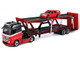 Mercedes Benz Actros Open Car Hauler Red and Black with White Stripes and 1990 Mercedes Benz 190E Red Transporters Series 1/64 Diecast Models Maisto 11454RD