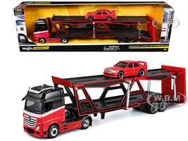 Mercedes Benz Actros Open Car Hauler Red and Black with White Stripes and 1990 Mercedes Benz 190E Red Transporters Series 1/64 Diecast Models Maisto 11454RD