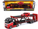 Mercedes Benz Actros Open Car Hauler Red and Black with White Stripes and 1990 Mercedes Benz 190E Red Transporters Series 1/64 Diecast Models Maisto 11454RD